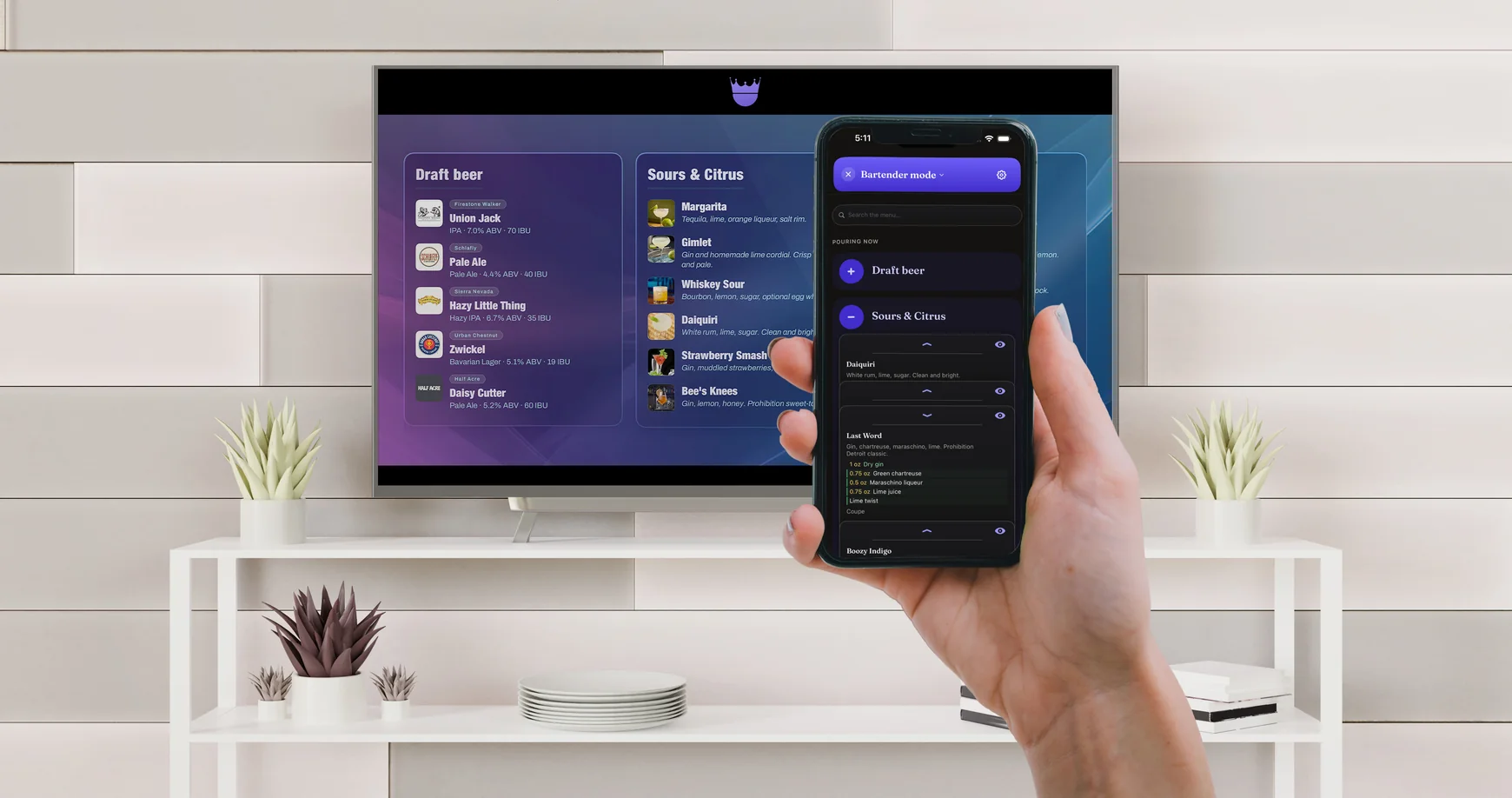 Holding a phone in bartender mode in front of the TV display