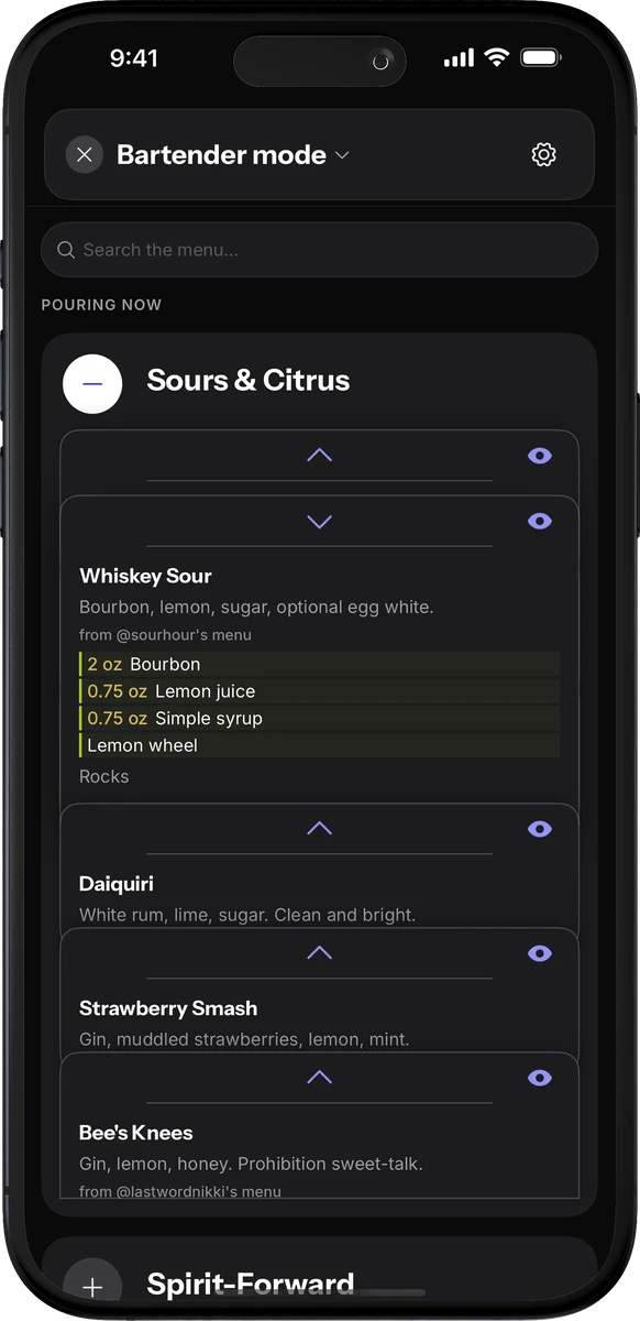 Bartender mode on a phone, showing a drink card with its ingredients.