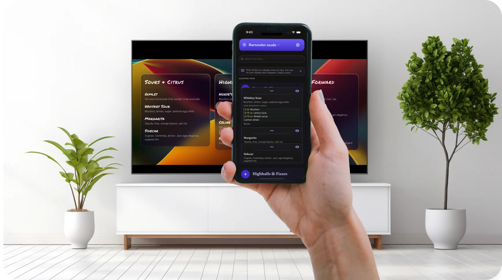 Holding a phone in bartender mode in front of the TV display