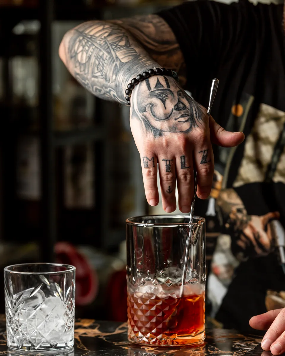 A tattooed hand stirring a red cocktail