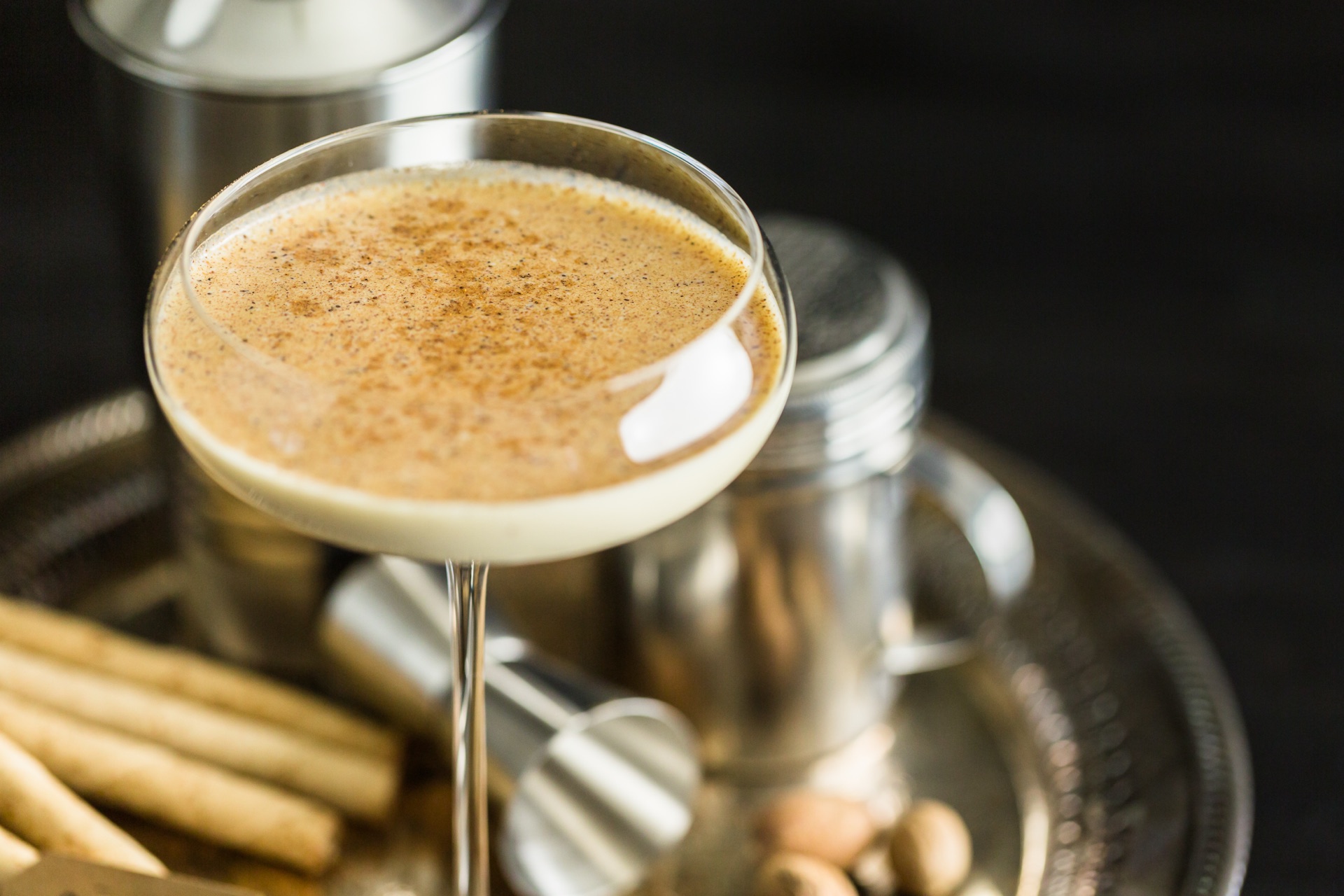 A Porto Flip in a small coupe, the surface dusted with freshly grated nutmeg