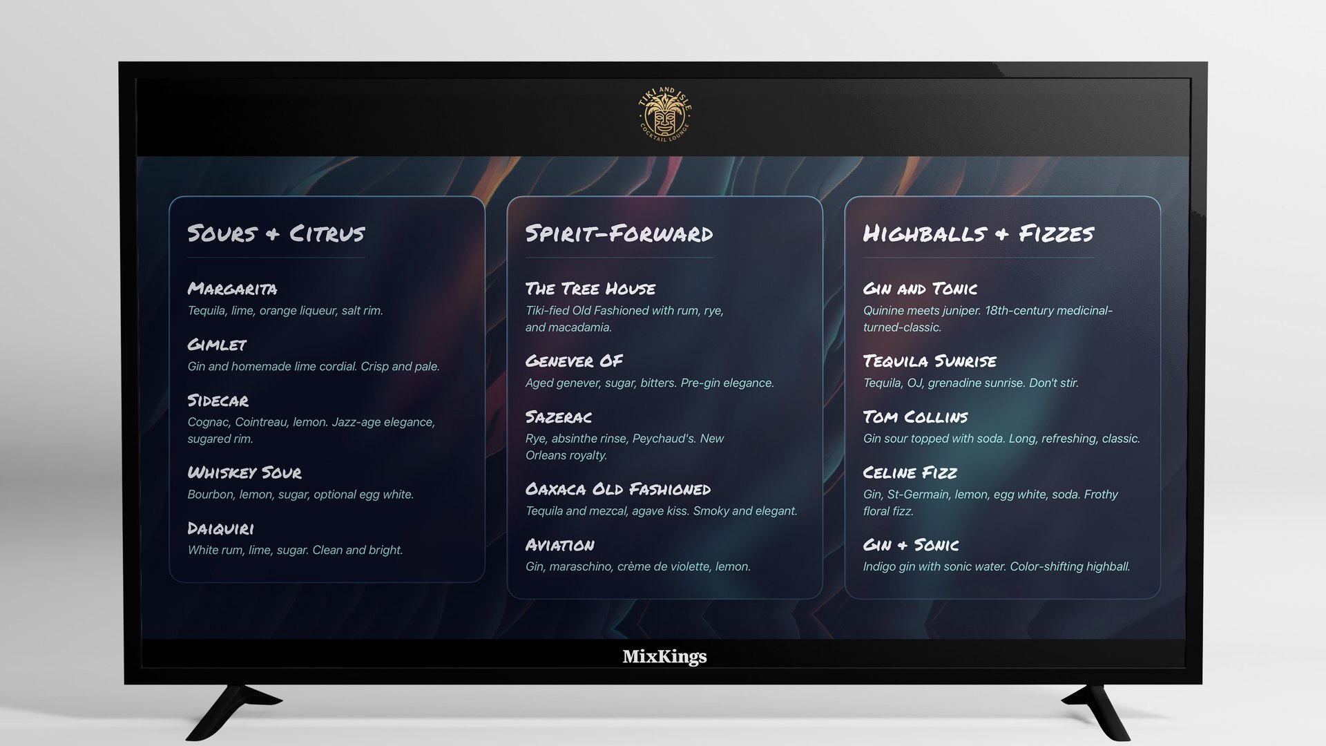 A TV showing a cocktail menu in three columns headed Sours and Citrus, Spirit-Forward, and Highballs and Fizzes, each drink a name and a short ingredient line