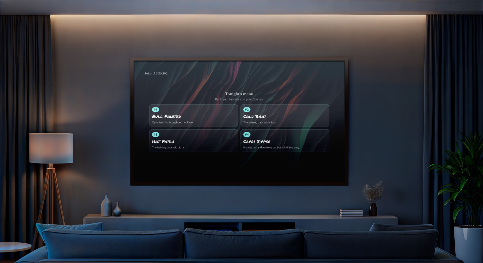 A living-room TV showing tonight's taste-off menu, four drinks numbered for the room to rank from their phones
