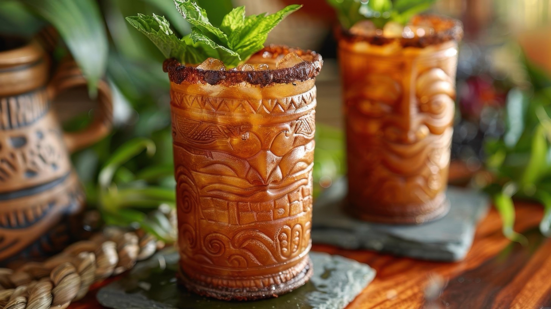 A Mai Tai in a carved tiki mug over crushed ice, topped with a large mint sprig