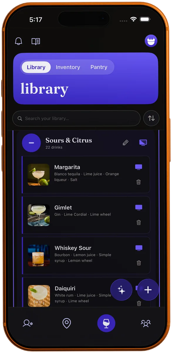 The MixKings Library on an iPhone: a Sours & Citrus shelf open, each drink with a TV toggle, and the plus and sparkle buttons in the corner