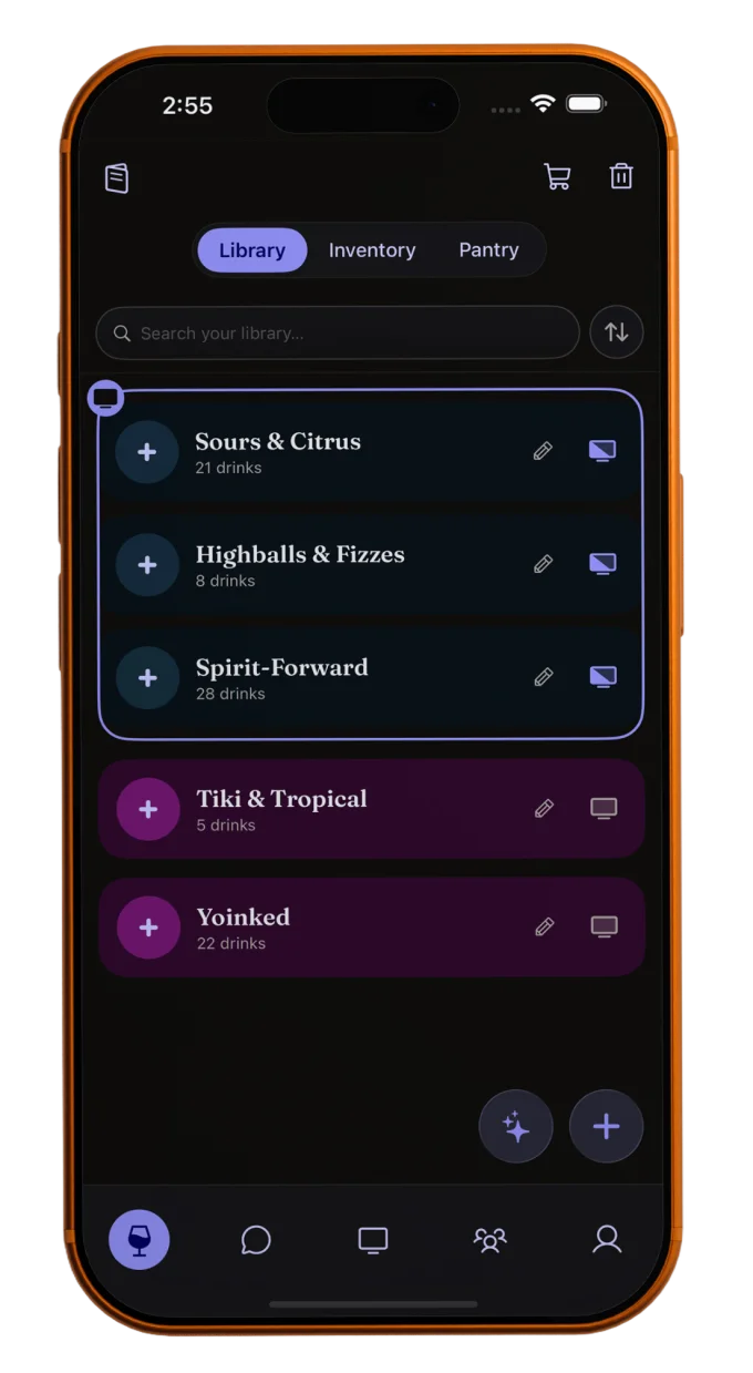 The MixKings app showing a drink library on a phone