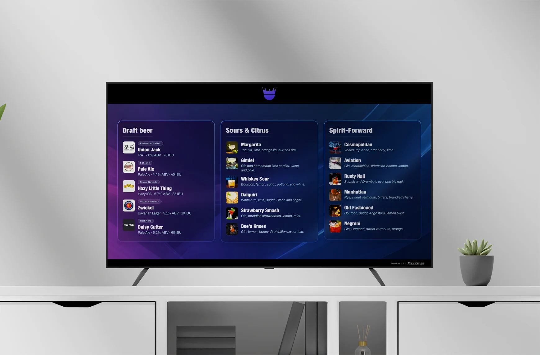 A MixKings cocktail menu on a living-room TV