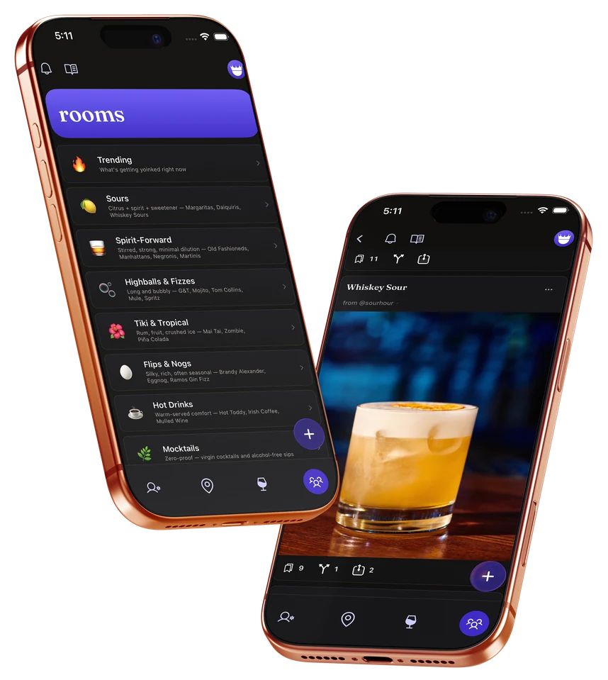Two phones showing MixKings community rooms