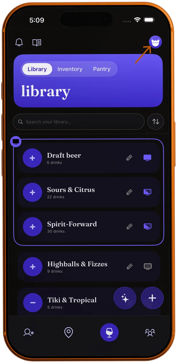 The MixKings Library with an arrow pointing to the avatar in the top-right corner, where the Display settings live