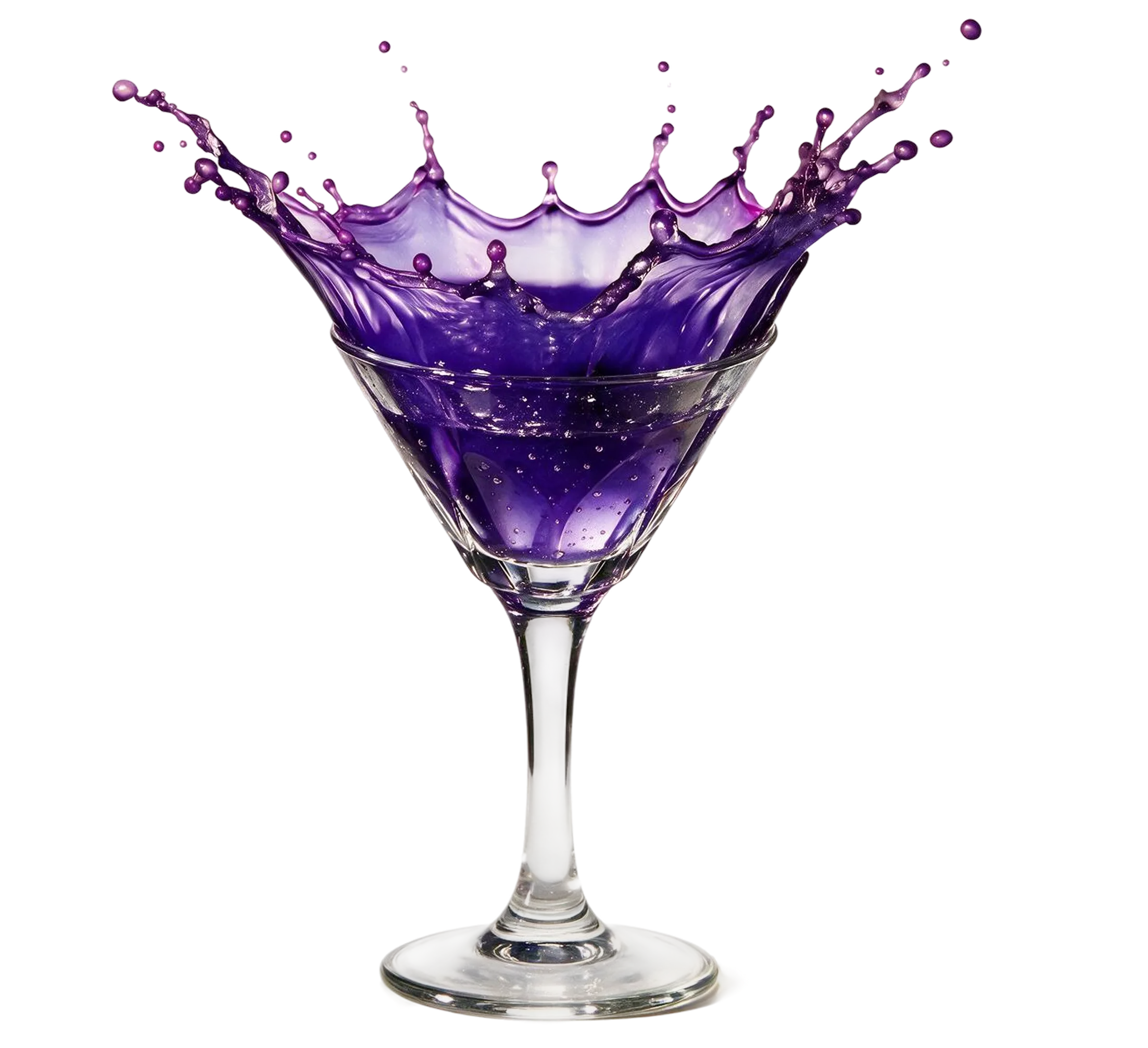 A cocktail mid-splash in a martini glass