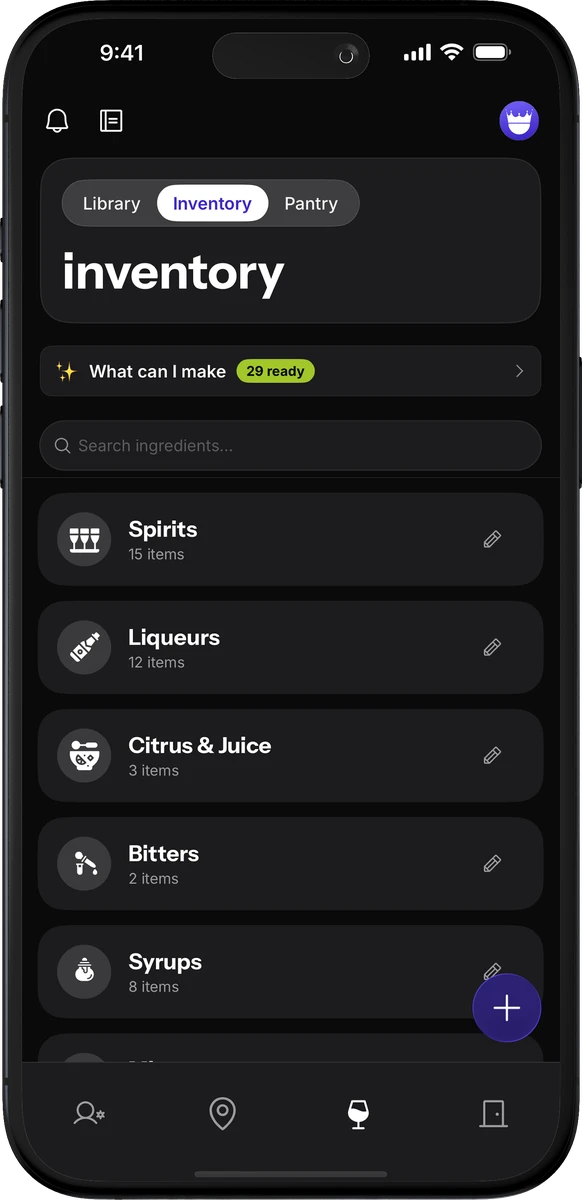 The Inventory screen, listing the bottles on hand.