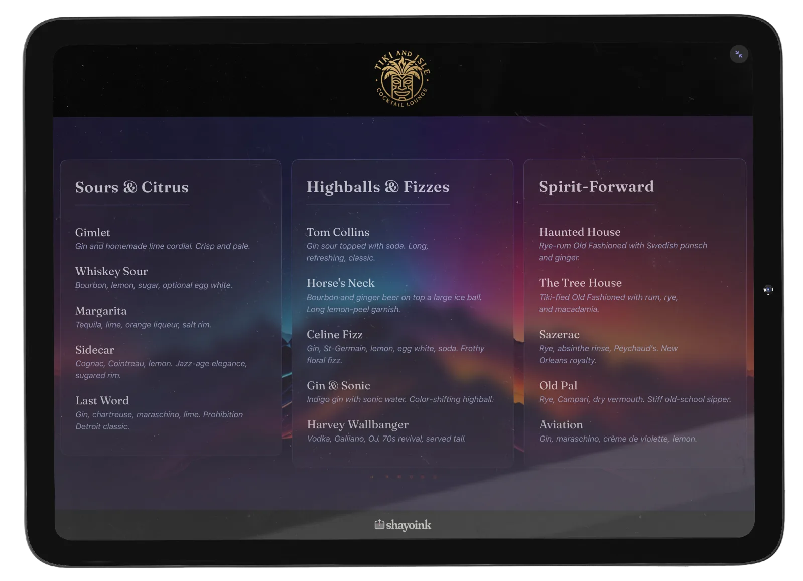 An iPad on a stand showing the MixKings menu board in fullscreen