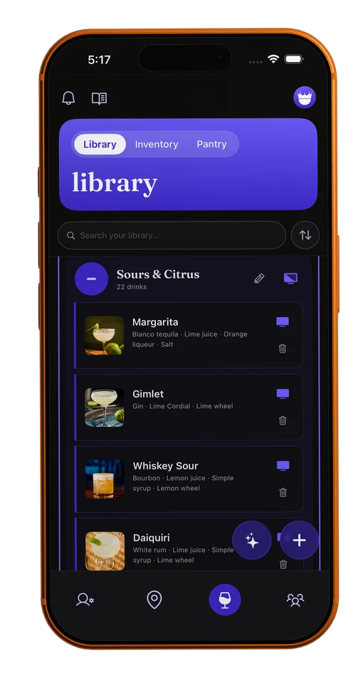 The MixKings library screen with saved cocktails