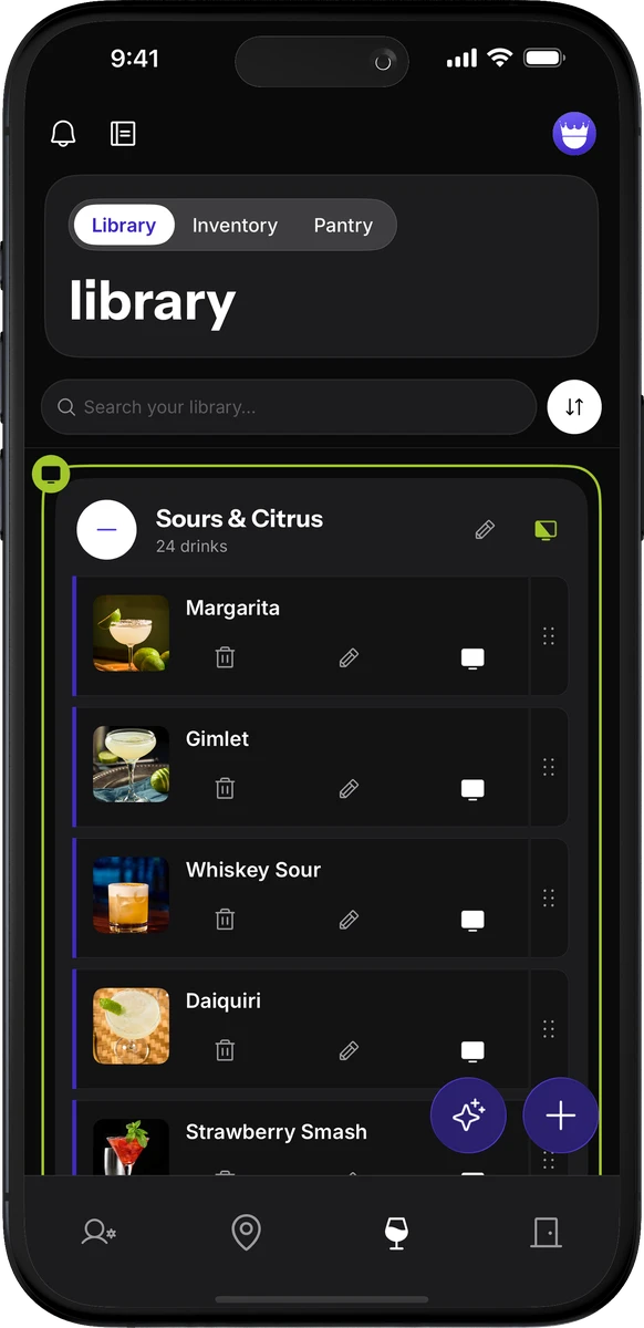 The Library screen, with saved cocktails grouped into shelves.