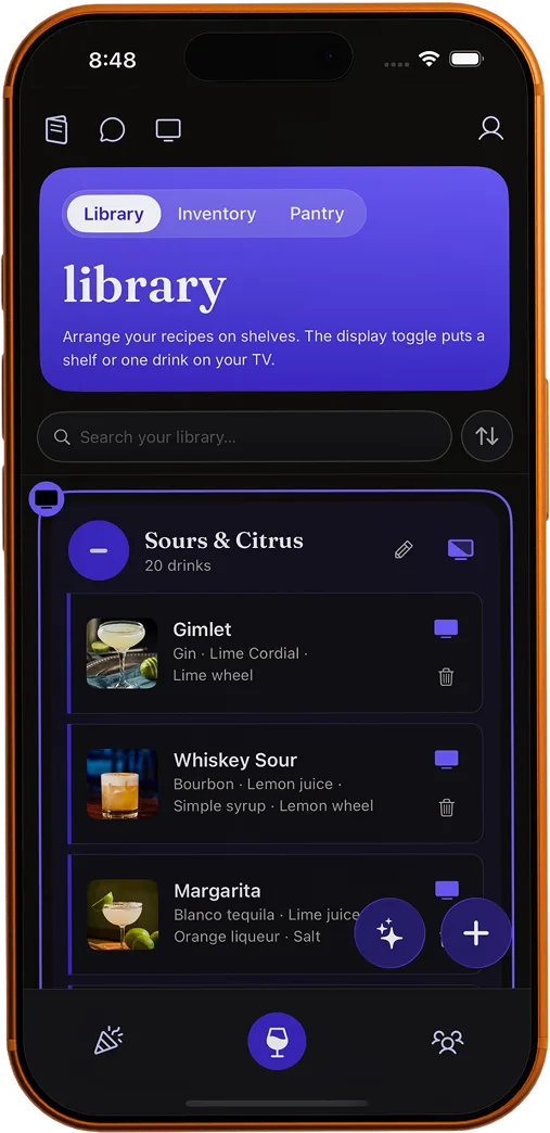 The MixKings library screen with saved cocktails