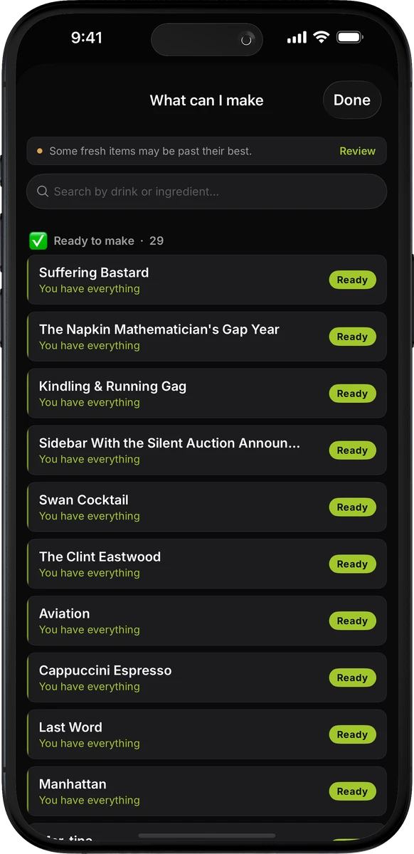 The What can I make screen, listing the drinks your inventory covers.