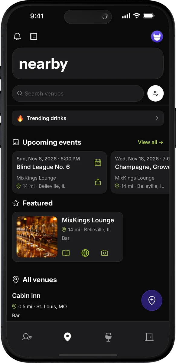The Nearby screen, listing venues sorted by type.