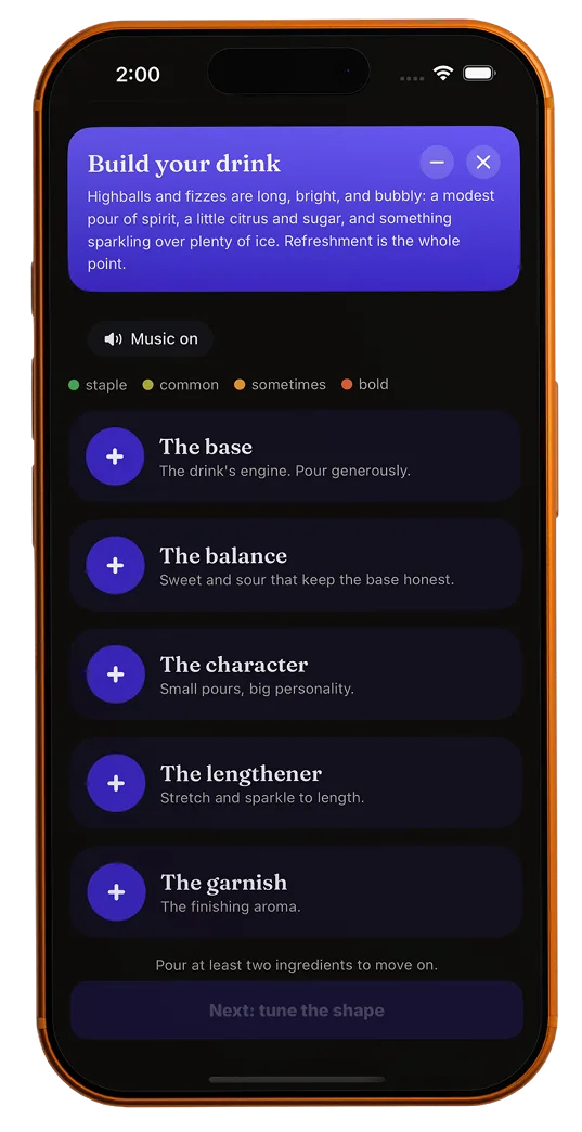The MixKings drink builder on iPhone
