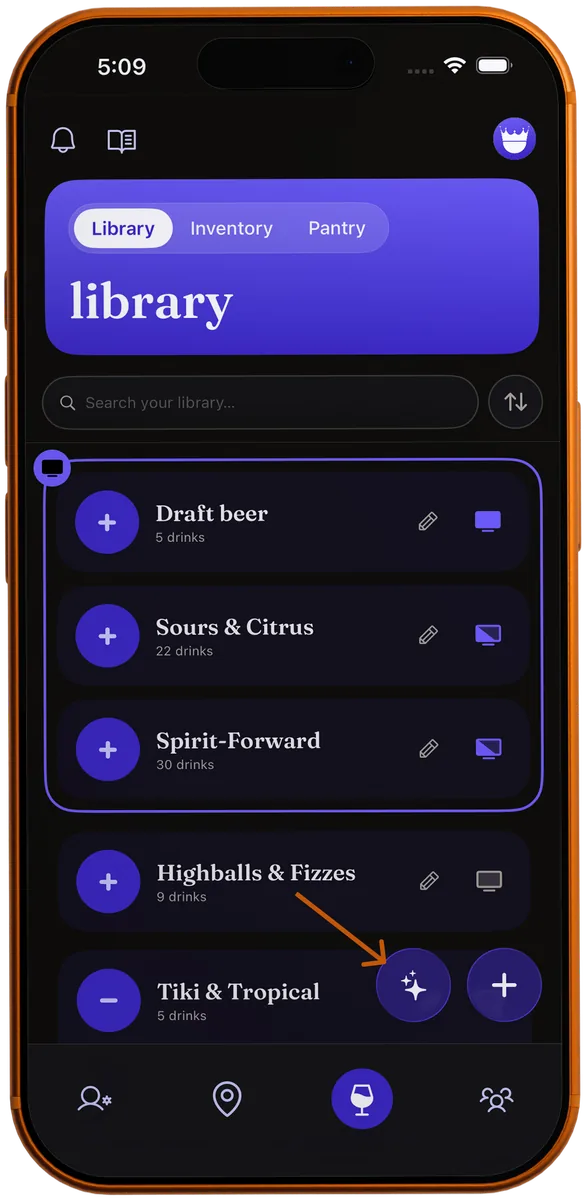 The MixKings Library with an arrow pointing to the sparkle button that opens the recipe importer
