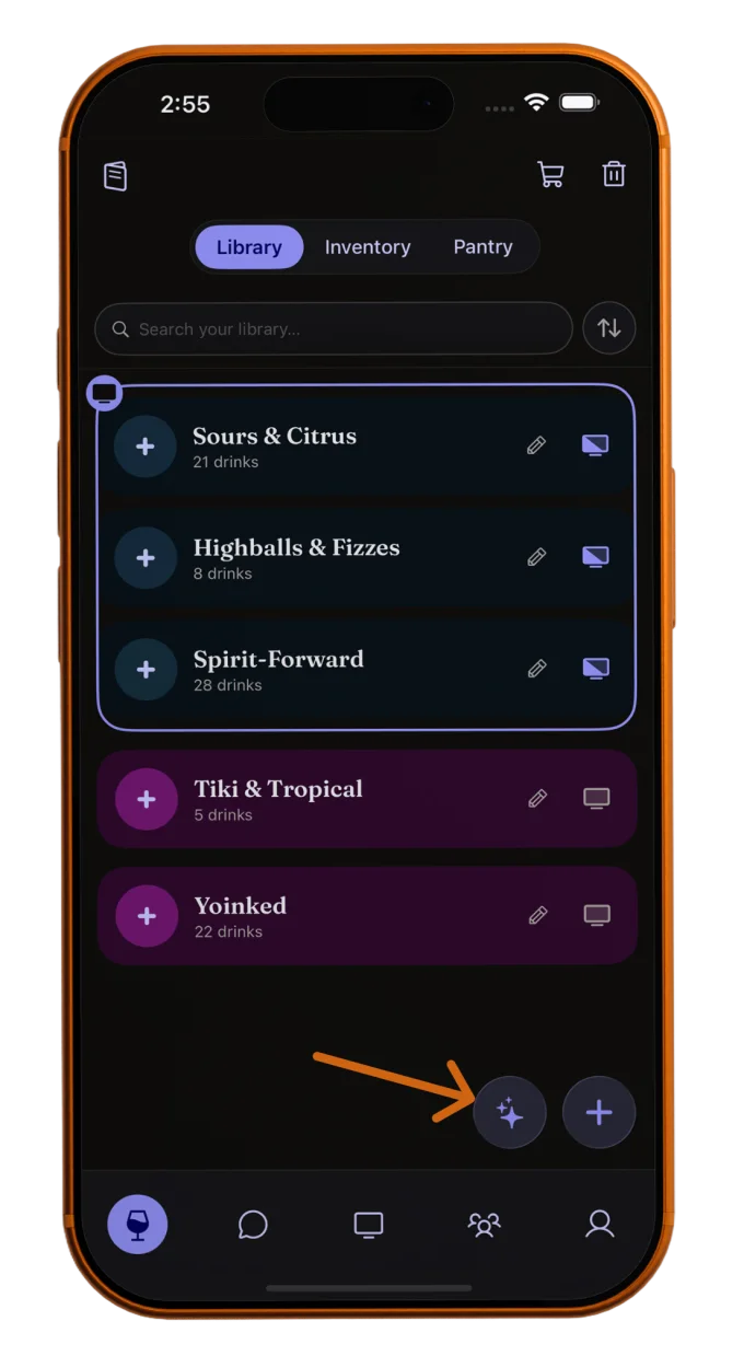 The MixKings Library with the sparkle button that opens the recipe scanner