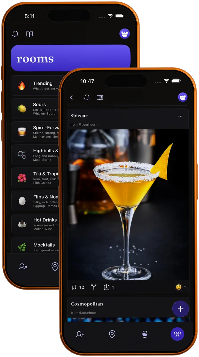 Two iPhones: the MixKings Rooms list behind, and a Sidecar post open in a room with its save, riff, share and reaction counts in front