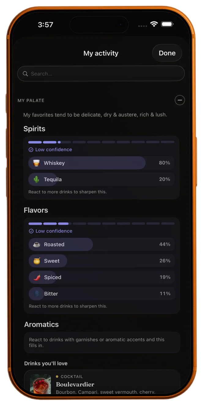 The MixKings My Activity screen showing a taste profile of favorite spirits, flavors, and aromatics