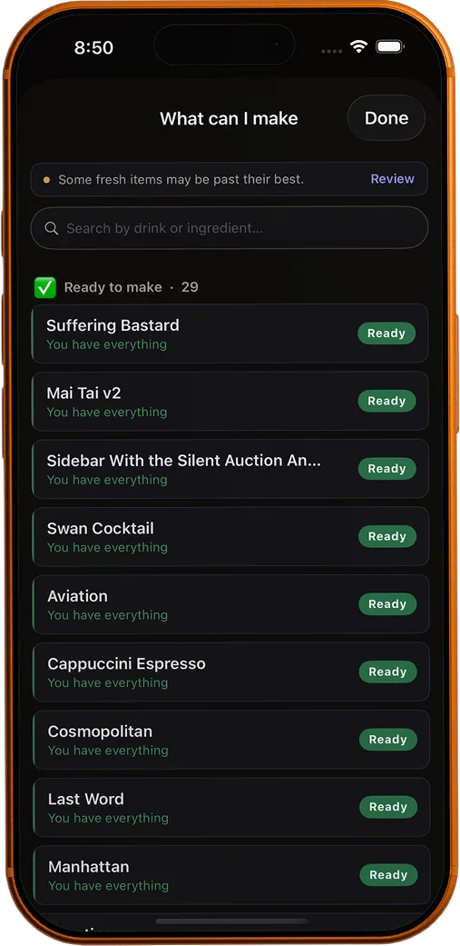 The what-can-I-make screen matching drinks to your bar